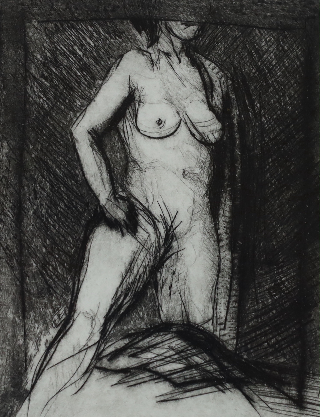 Pen and ink sketch, ‘Portrait de Maria Dalbaicin’, indistinctly signed and dated ‘94, Details verso regarding Pablo Picasso, 37 x 54cm; Barry Ebner (Contemporary) etching, Nude female